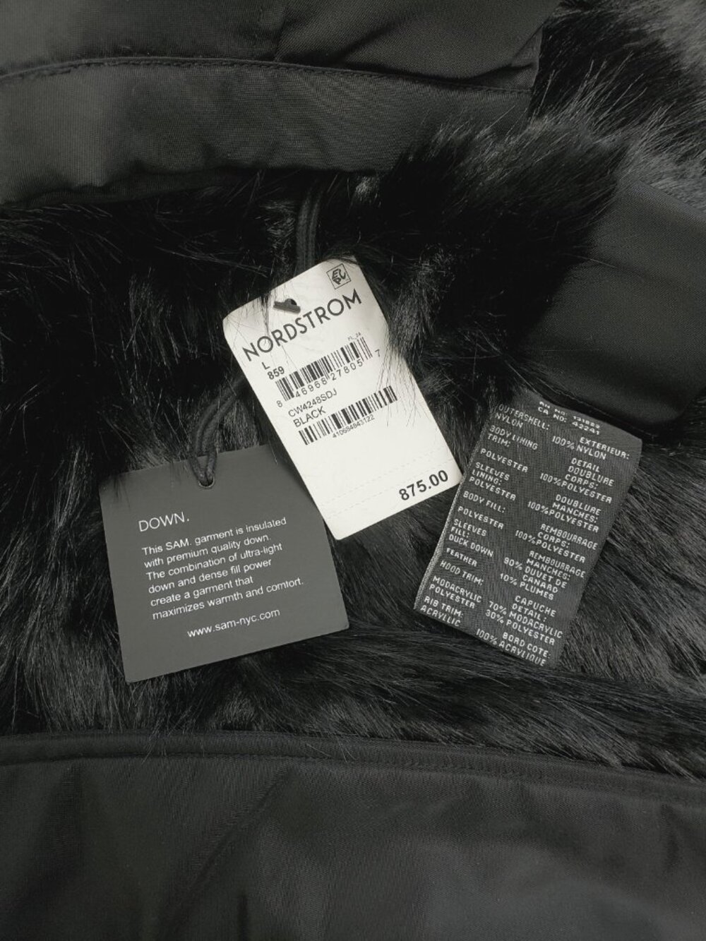 SAM. Sloane Women's Faux Fur Trim Hooded Bomber Puffer Jacket Black Size L - Picture 5 of 5
